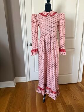 Batsheva Pink Maxi Dress with Red Trim and Floral Print